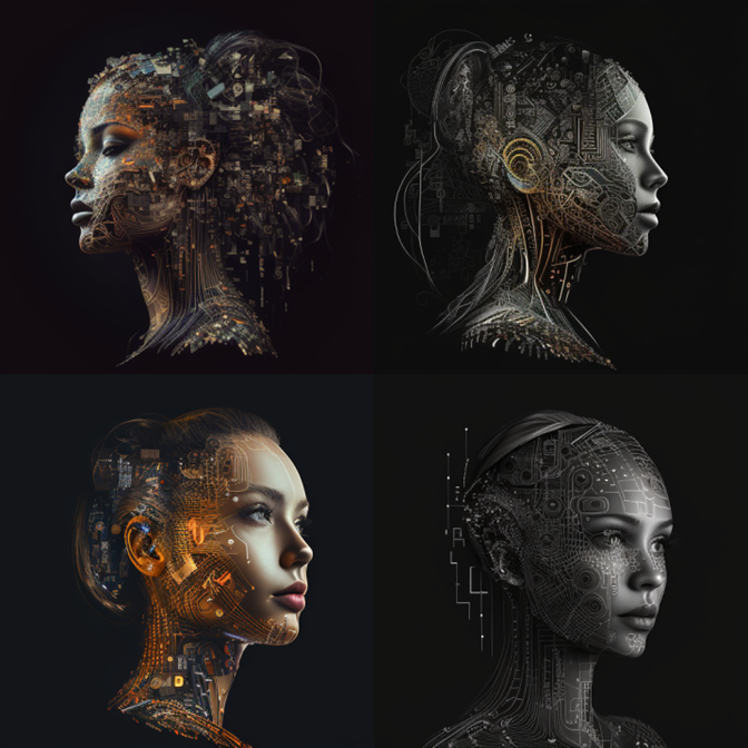 Bilder generert fra de sju ordene “woman, artificial intelligence, black background, high quality” i Midjourney 